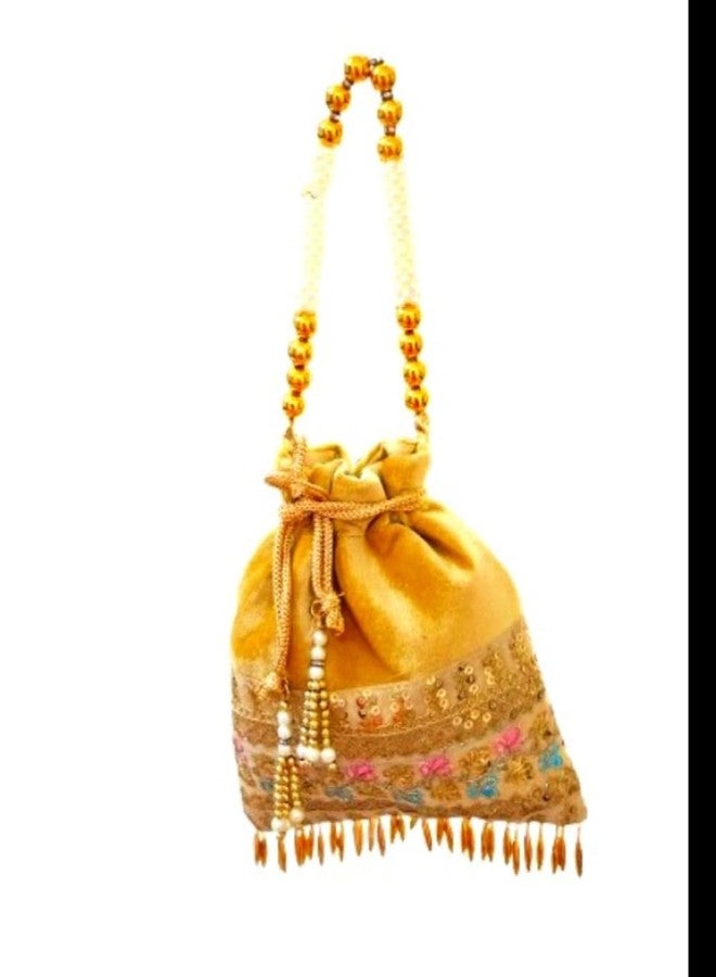 SuneshCreation Vintage Style Potli Handbag, Velvet with Pearl Beads and Gold Fringe, Traditional Wedding Purse (golden) - Image 4